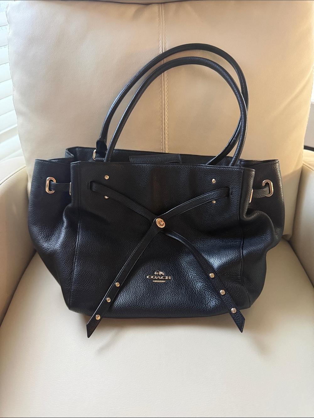 Coach Black Leather Tote with Gold Hardware